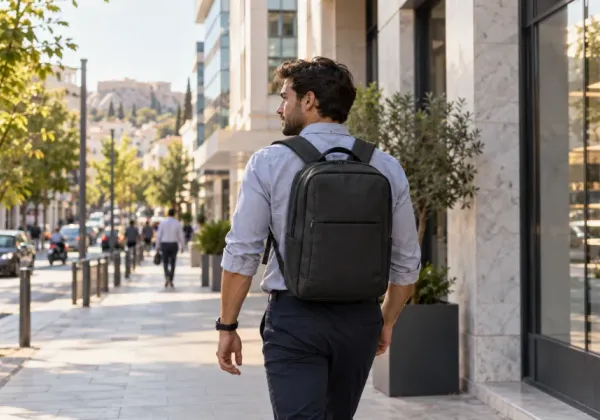 Επαγγελματίας με μαύρο σακίδιο πλάτης σε καθημερινή μετακίνηση στην πόλη