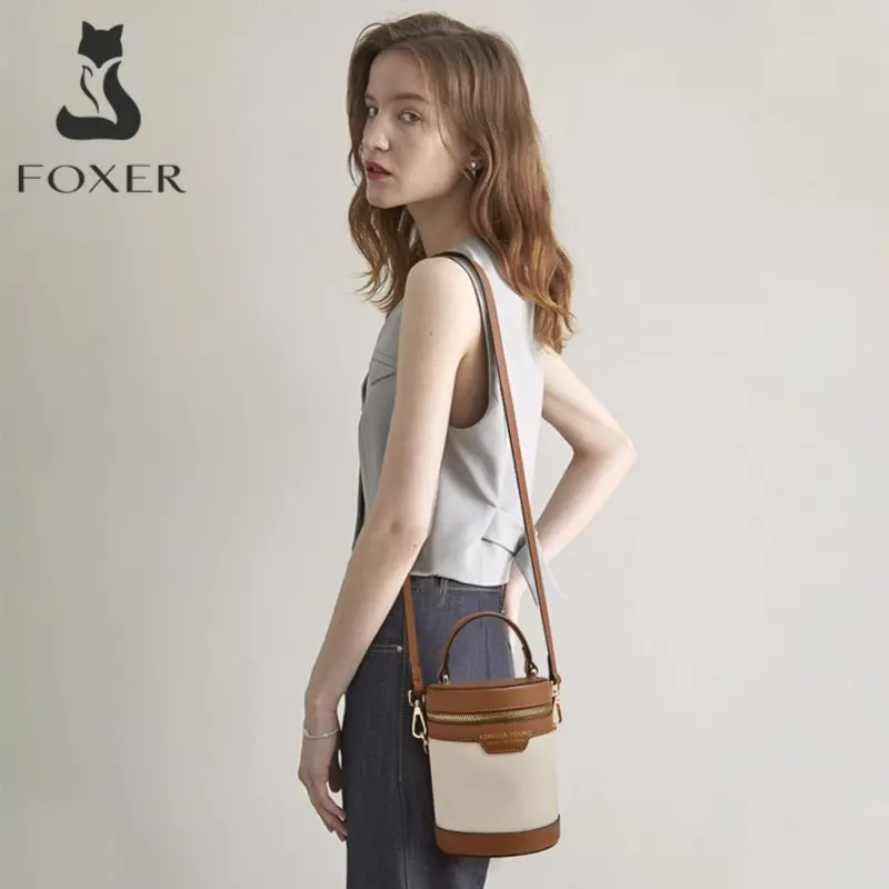 Δερμάτινη Γυναικεία Τσάντα Χιαστί Foxer 9111067F καφέ/άσπρο