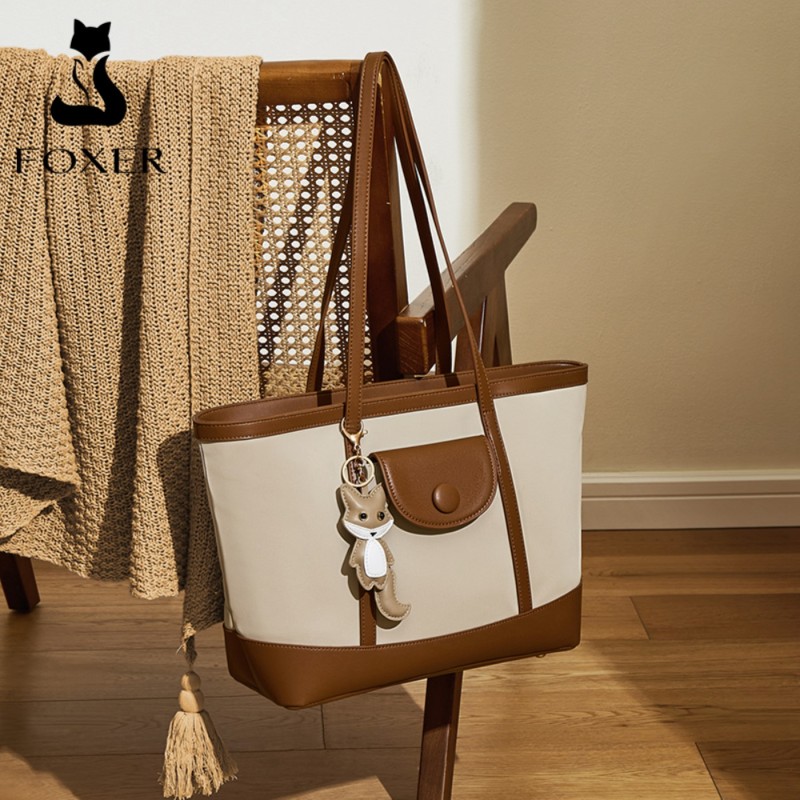 Δερμάτινη Γυναικεία Τσάντα Shopper  Ωμου Foxer 9151041F μπέζ/καφέ