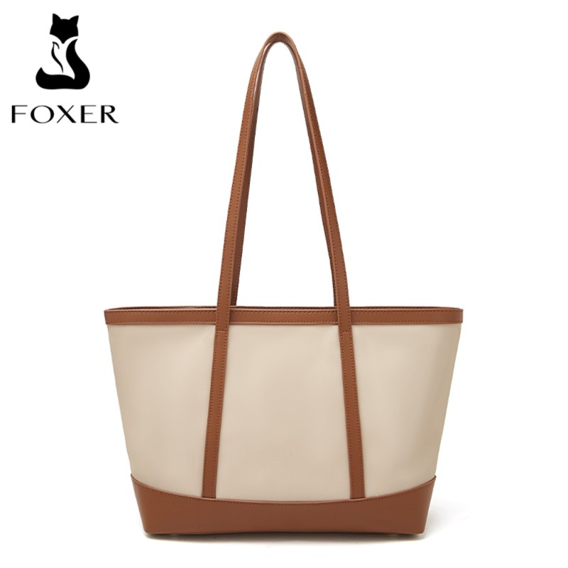 Δερμάτινη Γυναικεία Τσάντα Shopper  Ωμου Foxer 9151041F μπέζ/καφέ