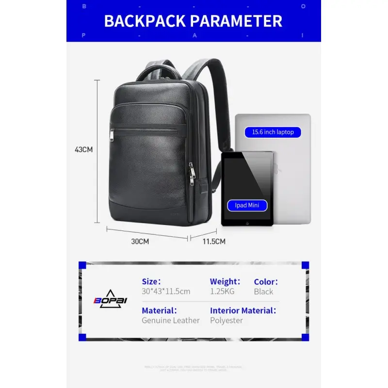 Δερμάτινο Σακίδιο πλάτης Αντικλεπτικό 24L Laptop 15,6” Bopai 61-121561 μαύρο Δερμάτινο Σακίδιο πλάτης Αντικλεπτικό 24L Laptop 15,6” Bopai 61-121561 μαύρο